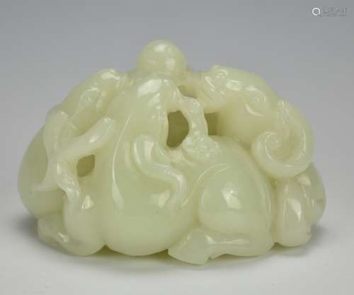 Carved Hetian Jade w/ 3 Rams & a Flaming Pearl