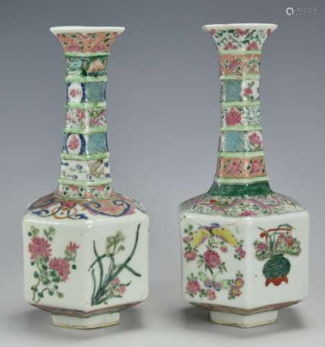 Pair of Ribbed Hexagonal Floral Vases,18/19th C.