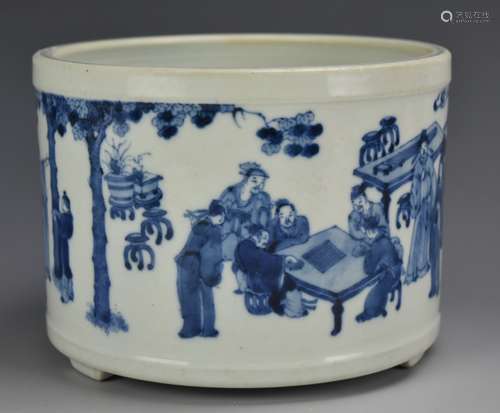 A Large Blue & White Brushpot w/ Scholars