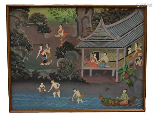 Antique Thai Painting of Figures at Riverside
