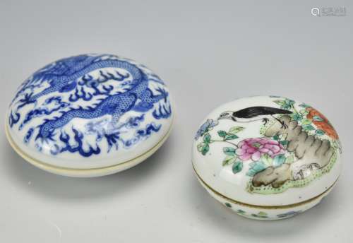 (2) Two Porcelain Ink Boxes w/ Dragon Bird,19th C.