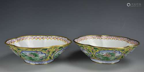 Pair of Lobed, Floral, Canton Enamel Bowls