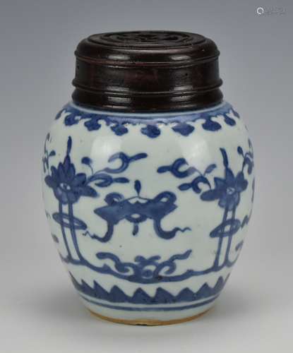 Blue and White Jar with wood Cover,17th C.