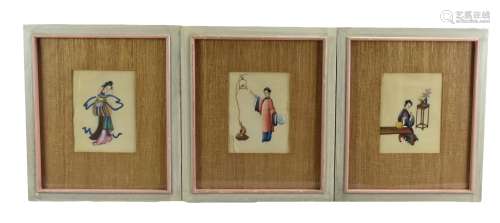 3 Qing D., Framed Pith Paper Paintings of Ladies