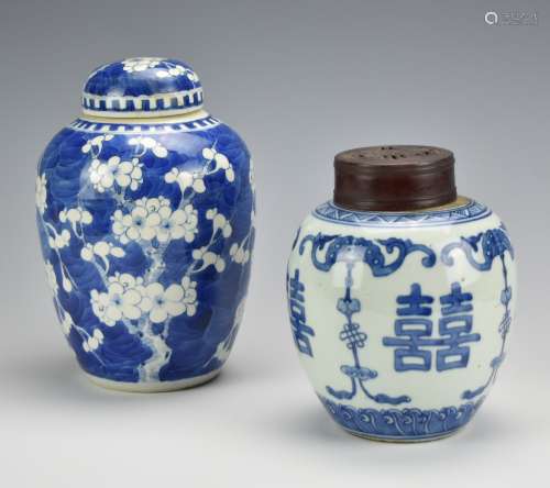 Two Chinese Blue and White Jars and cover, 19th C.