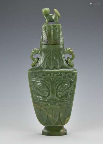 A Large Spanich Green Jade Vase and Cover,Qing D.