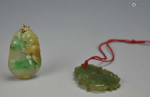 Two Chinese Jadeite Pendant w/ 14K Gold, Qing D.