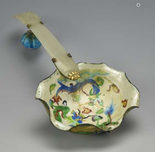 Cloisonne Dragon Spoon w/ Jade Handle,Qing D.