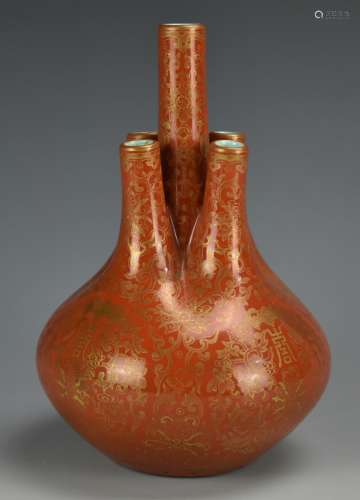 A Coral Red Gilt Vase w/ 5 Necks w/ Qianlong Mark