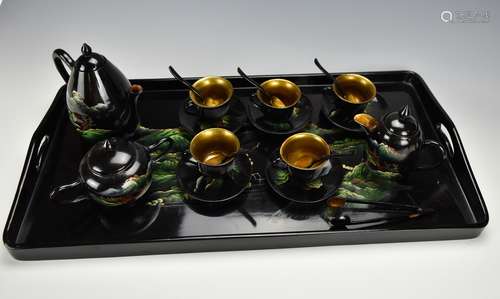 Set of Chinese Black Lacquer Tea Set, (20 pieces)