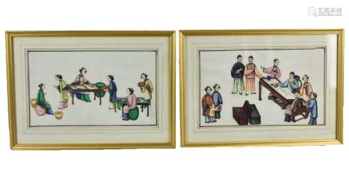 Two Pith Paper Paintings of Indoor Life,19th C.