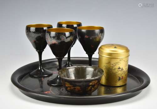 (7)A Set of Chinese Lacquer Cups and Tray,20th C.