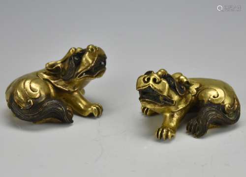 Pair of Chinese Gilt Bronze Lion / Kirin Figure