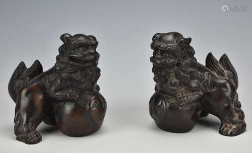 Pair of Carved Wooden Lions