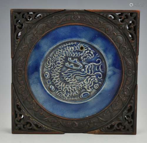 Blue Glazed Porcelain Tile w/ Wooden Frame,Qing D.