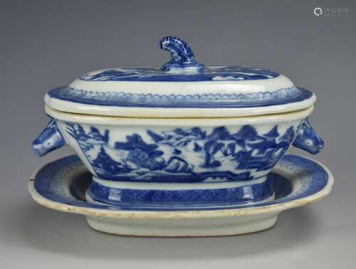 Chinese Blue & White Soup Tureen & Dish,18/19th C.