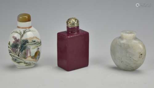 Three Snuff Bottles: 2 Porcelain, 1 Marble,19th C.