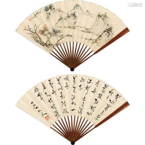 徐世昌 （1855-1939） 山水、书法 纸本设色 成扇