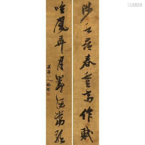 张瑞图 （1570-1644） 书法对联 绫本水墨 立轴