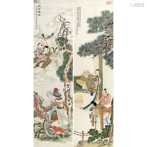 黄山寿 （1855-1919） 1914 年作 人物对屏 纸本设色 软片