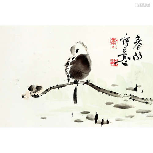 霍春阳 （b.1946） 荷花小鸟 纸本设色 镜框