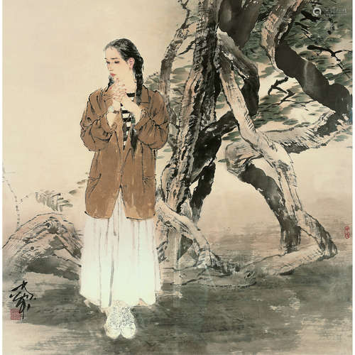 何家英 （b.1957） 藤荫少女 纸本设色 镜心