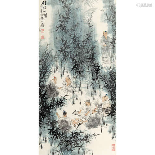 王明明 （b.1952） 竹林七贤 纸本设色 立轴