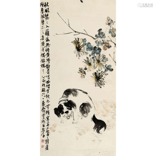 王梦白 （1888-1934） 1921 年作 犬戏图 纸本设色 立轴