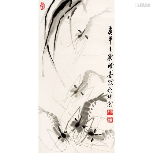 王成喜 （b.1940） 1980 年作 虾趣 纸本水墨 托片