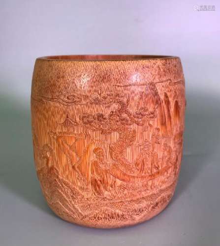 A CARVED BAMBOO 'SCHOLARS' BRUSHPOT.BITONG.ANTIQUE