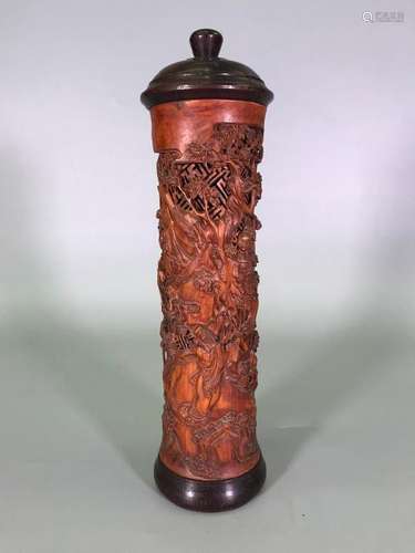 A CARVED HUANGYANMU INCENSE CYLINDER.ANTIQUE