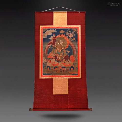 A THANGKA OF  VAISHRAVANA.ANTIQUE