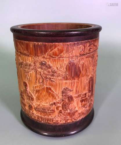 A CARVED BAMBOO 'SCHOLARS' BRUSHPOT.BITONG.ANTIQUE