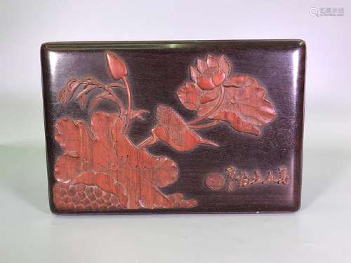 A CARVED ZITAN BOX AND COVER.ANTIQUE