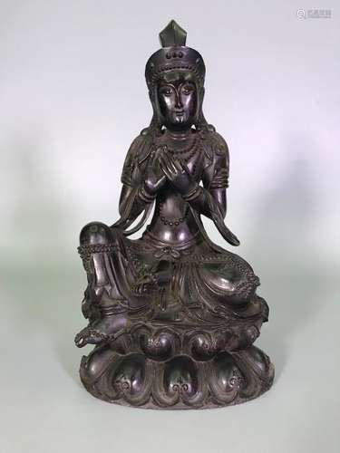 A CARVED ZITAN GUANYIN.ANTIQUE