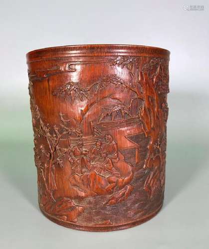 A CARVED BAMBOO 'LANDSCAPE' BRUSHPOT.BITONG ANTIQUE