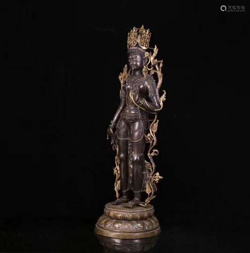 A SILVER-INLAID GILT-BRONZE GUANYIN.MING DYNASTY