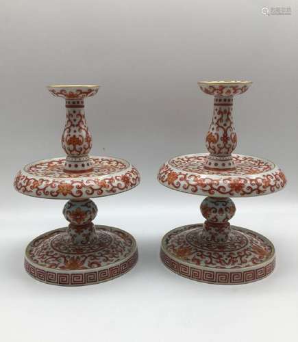 A PAIR OF COPPER-RED CANDLESTICKERS.MARK OF QIANLONG