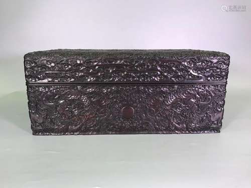 A CARVED ZITAN 'DRAGON' BOX AND COVER.ANTIQUE