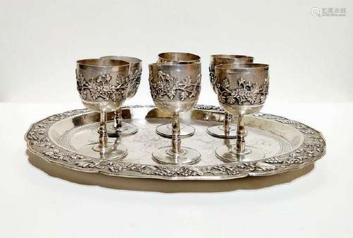 A SET OF FIVE SILVER CUP AND TRAY.QING DYNASTY