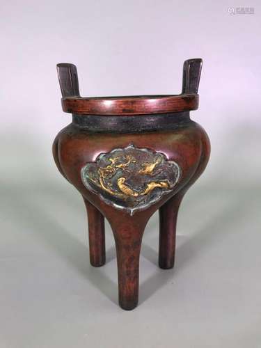 A GOLD-INLAID BRONZE TRIPOD CENSER.ANTIQUE