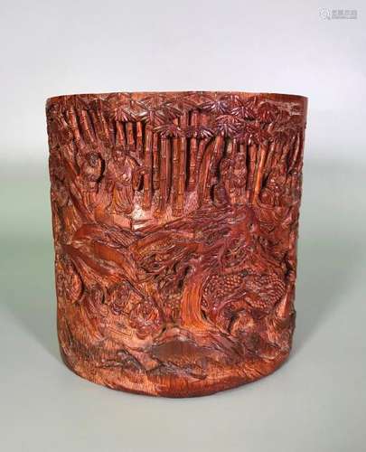 A CARVED BAMBOO 'LANDSCAPE' BRUSHPOT.BITONG ANTIQUE