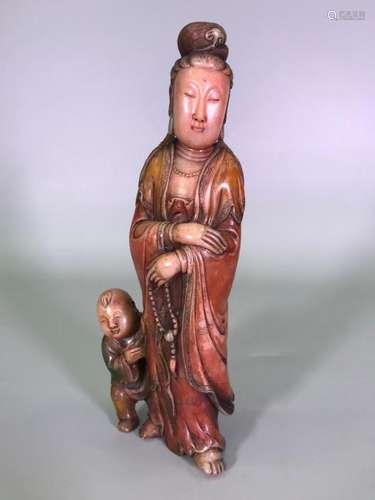 A SOAPSTONE CARVING OF GUANYIN.ANTIQUE