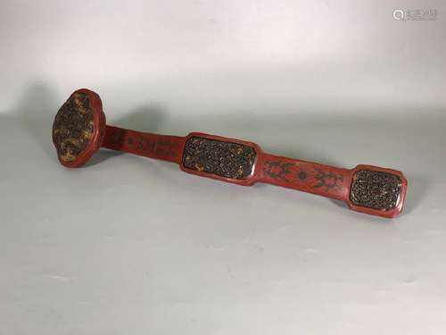 A RED-LACQUER RUYI SCEPTER.ANTIQUE