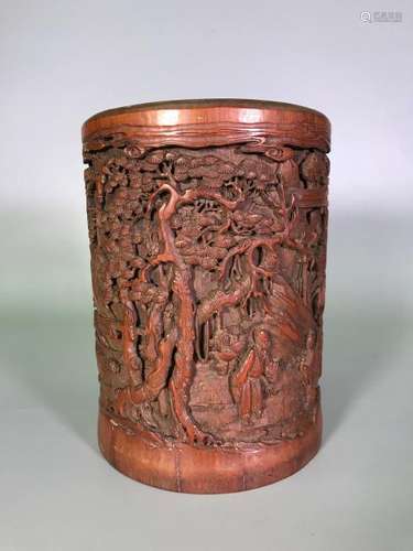 A CARVED BAMBOO 'LANDSCAPE' BRUSHPOT.BITONG ANTIQUE