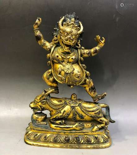 A GILT-BRONZE FIGURE OF YAMA DHARMARAJA.QING DYNASTY