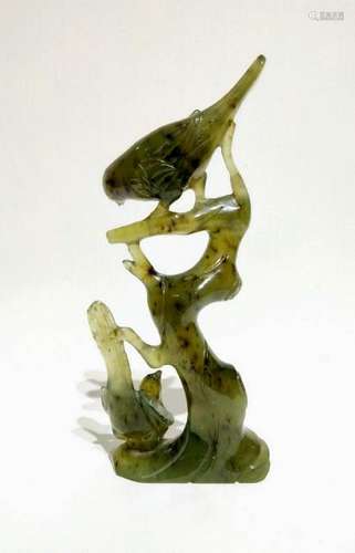 A CARVED JADE MAGPIE AND PLUM TREE.ANTIQUE