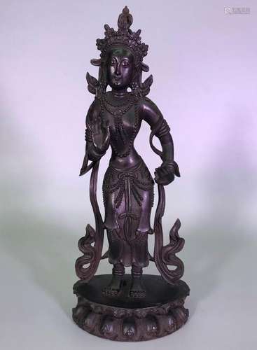 A CARVED ZITAN GUANYIN.ANTIQUE