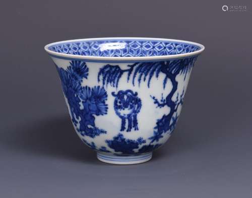 A BLUE AND WHITE 'SHEEP' PORCELAIN CUP