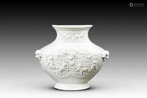 A CARVED WHITE GLAZED WALL VASE, REPUBLIC PERIOD